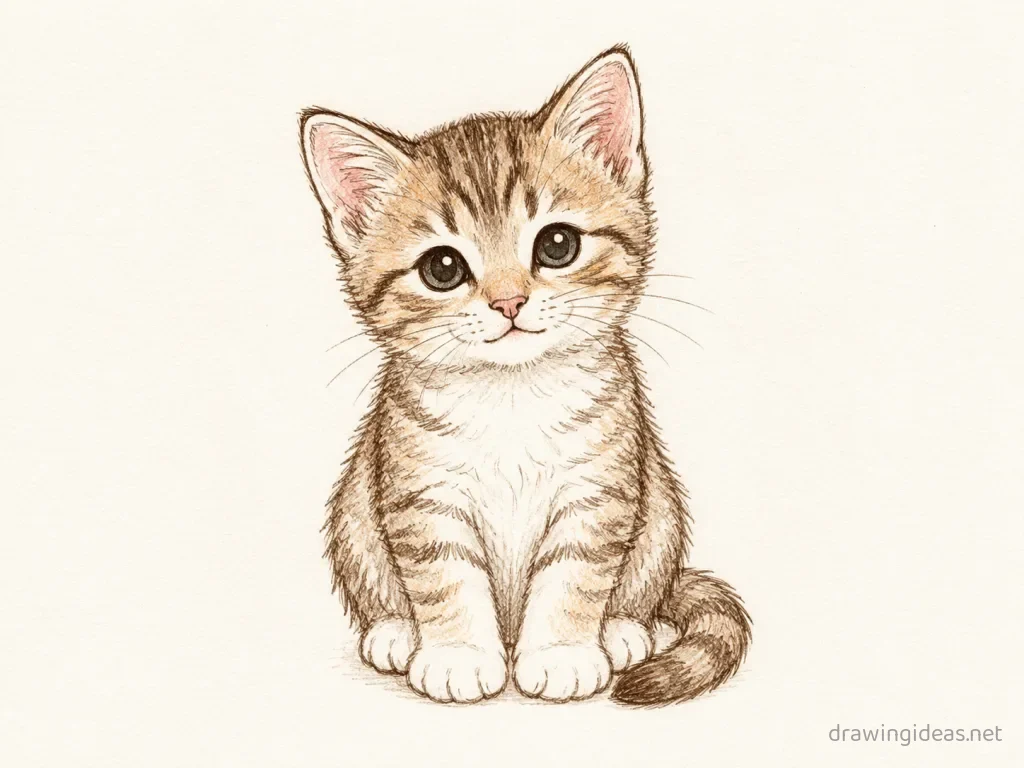 Kitten drawing — hand-drawn kitten illustration with ink lines and soft colors