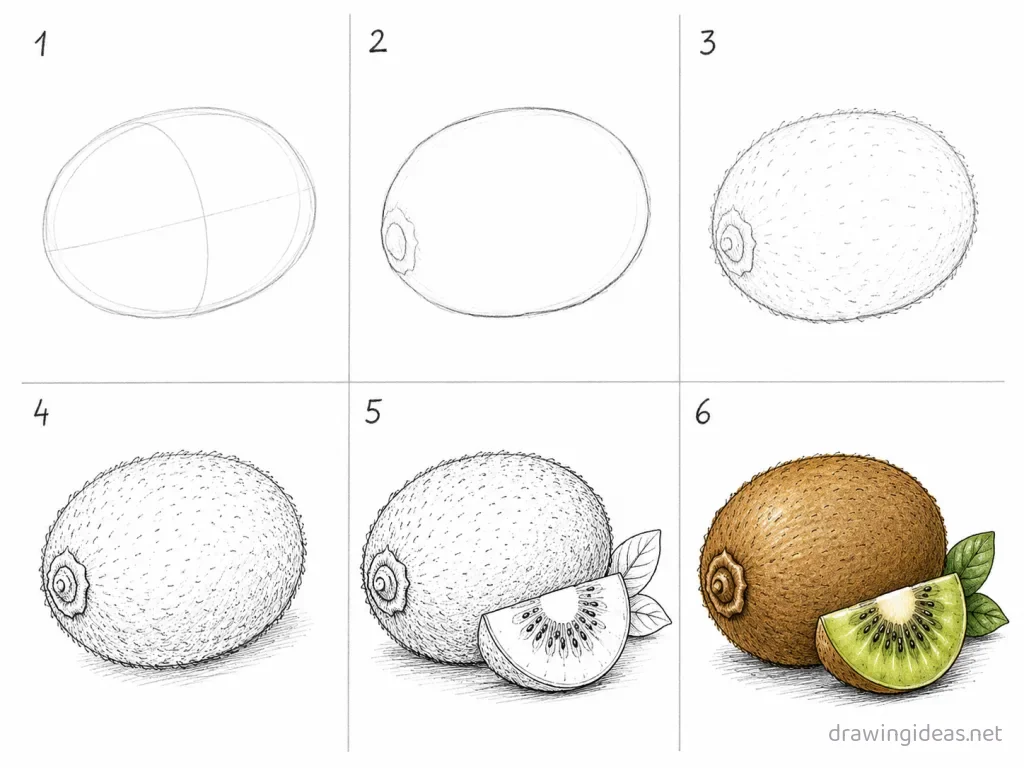 How to draw a kiwi step by step — 6-step kiwi drawing tutorial grid