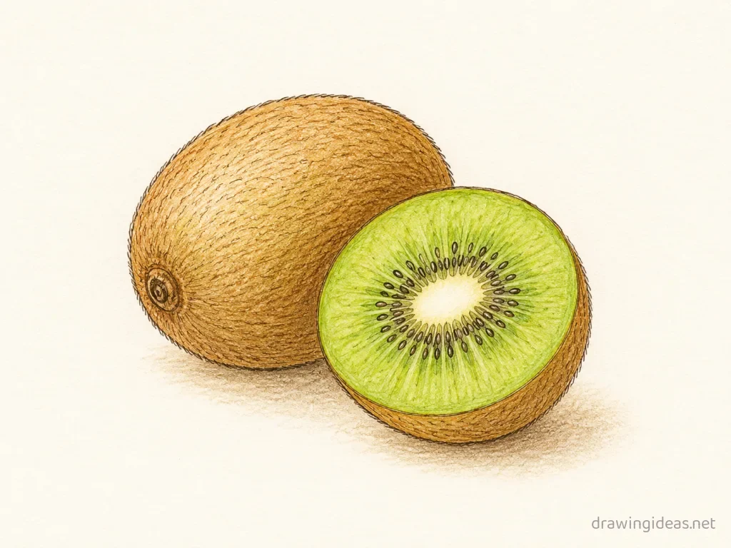 Kiwi drawing — hand-drawn kiwi illustration with ink lines and soft colors