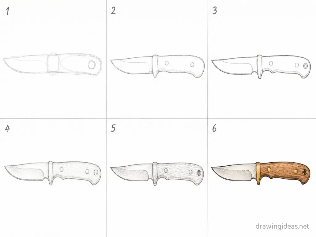 How to draw a knife step by step — 6-step knife drawing tutorial grid