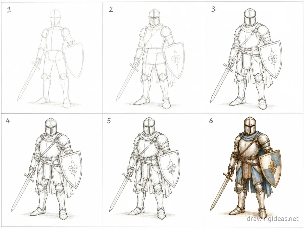 How to draw a knight step by step — 6-step knight drawing tutorial grid