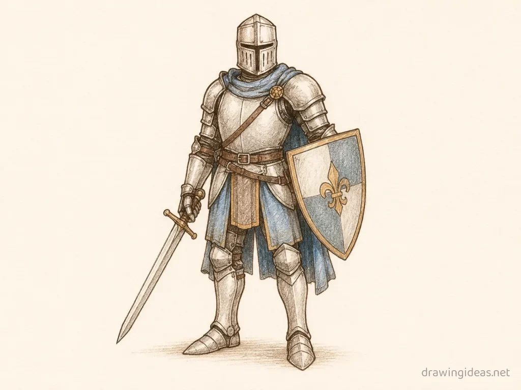 Knight drawing — hand-drawn knight illustration with ink lines and soft colors