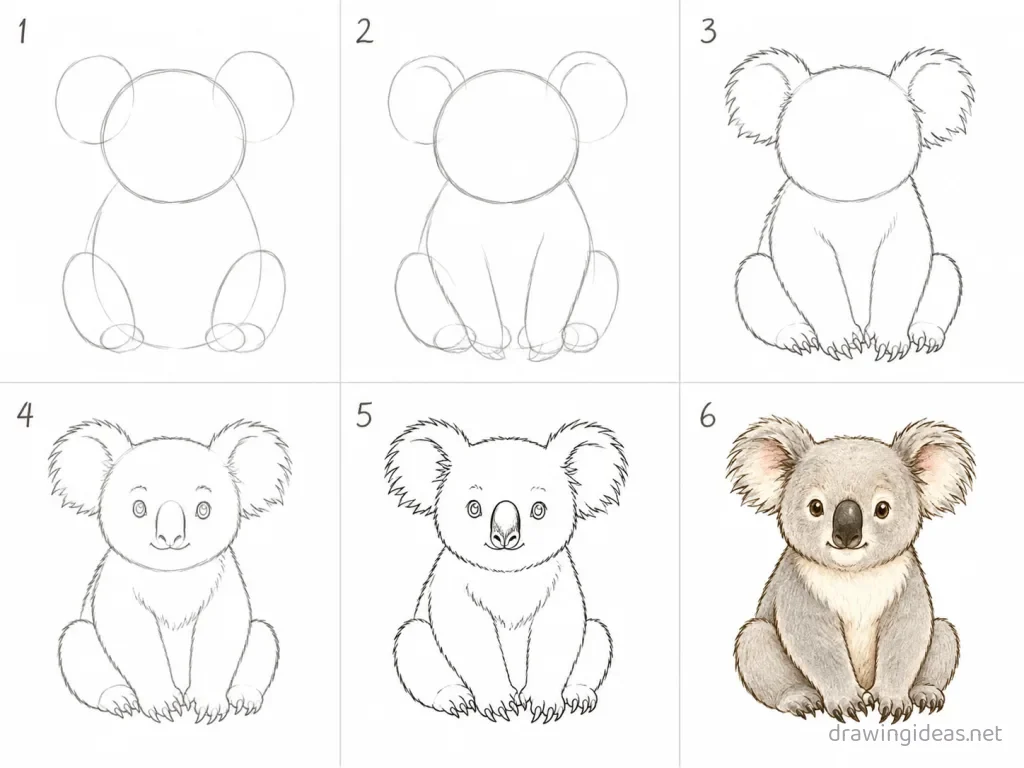 How to draw a koala step by step — 6-step koala drawing tutorial grid