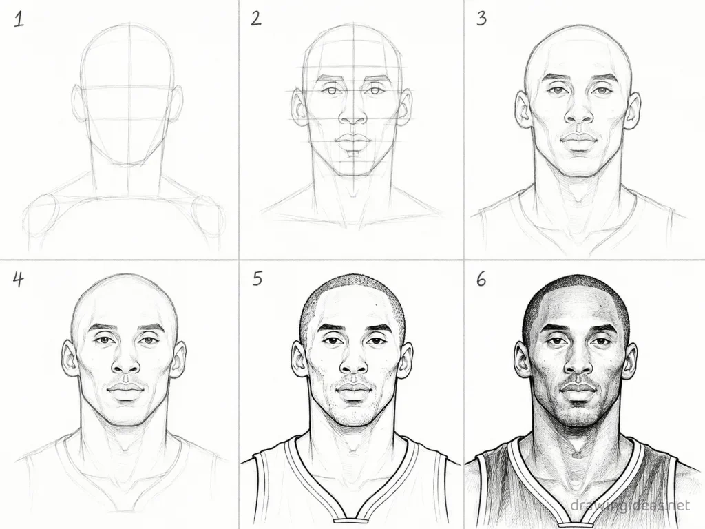 How to draw Kobe Bryant step by step — 6-step Kobe Bryant drawing tutorial grid