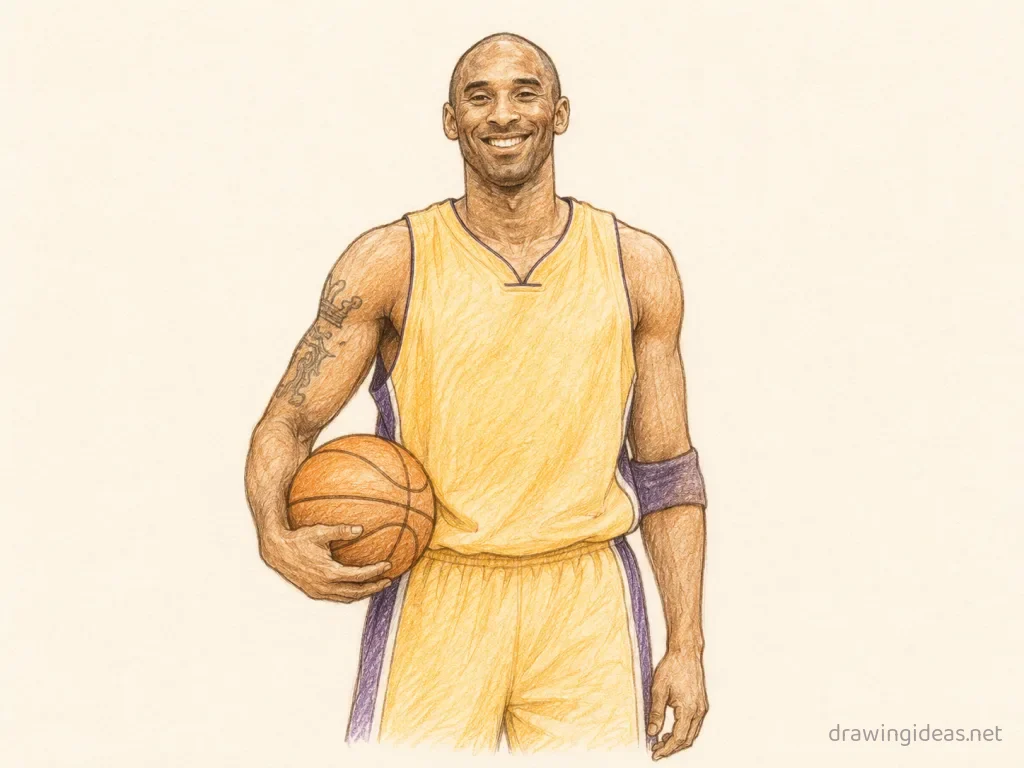 Kobe Bryant drawing — hand-drawn Kobe Bryant illustration with ink lines and soft colors