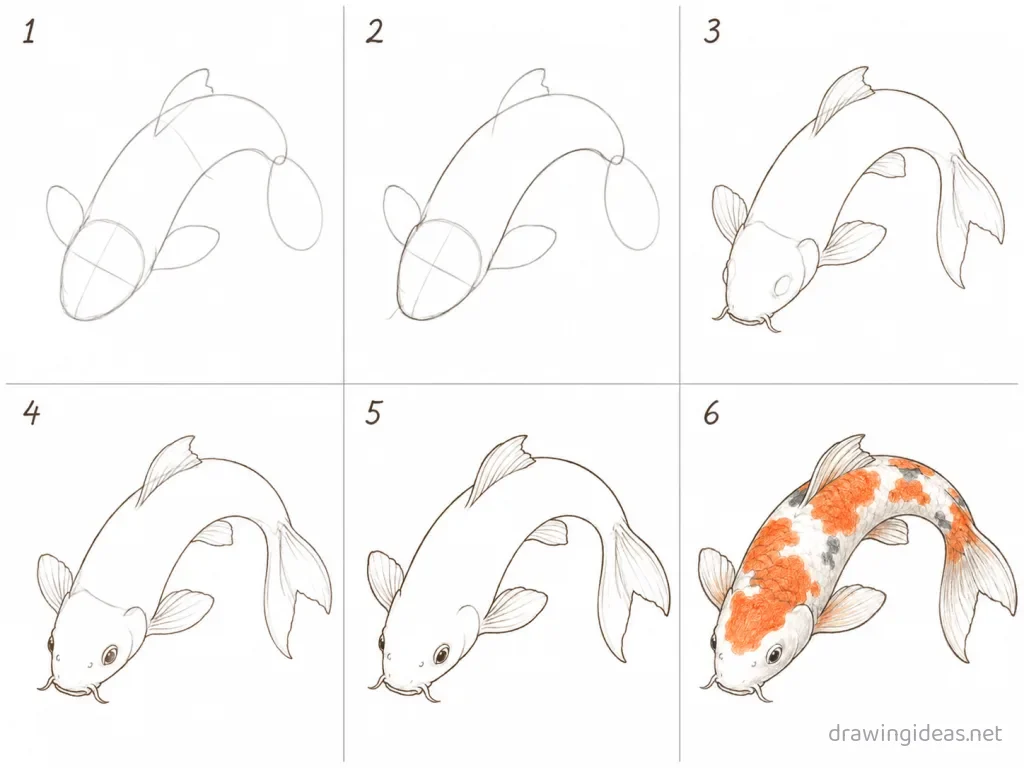 How to draw a koi fish step by step — 6-step koi fish drawing tutorial grid