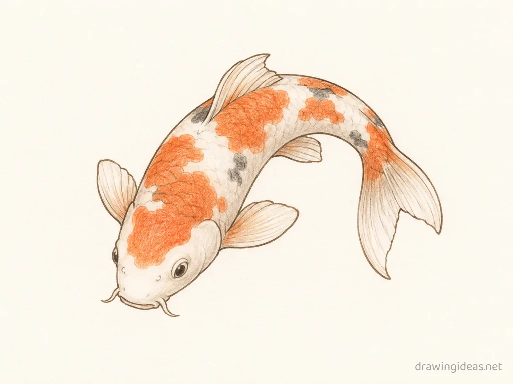 Koi Fish drawing — hand-drawn koi fish illustration with ink lines and soft colors