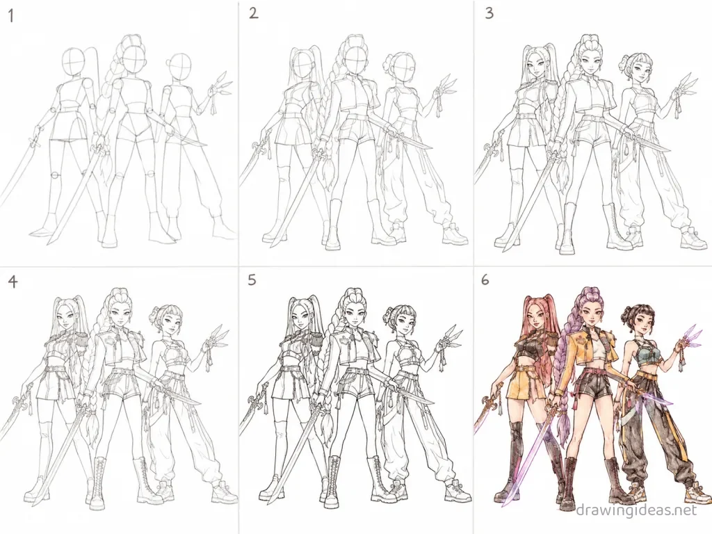 How to draw Kpop Demon Hunters step by step — 6-step Kpop Demon Hunters drawing tutorial grid