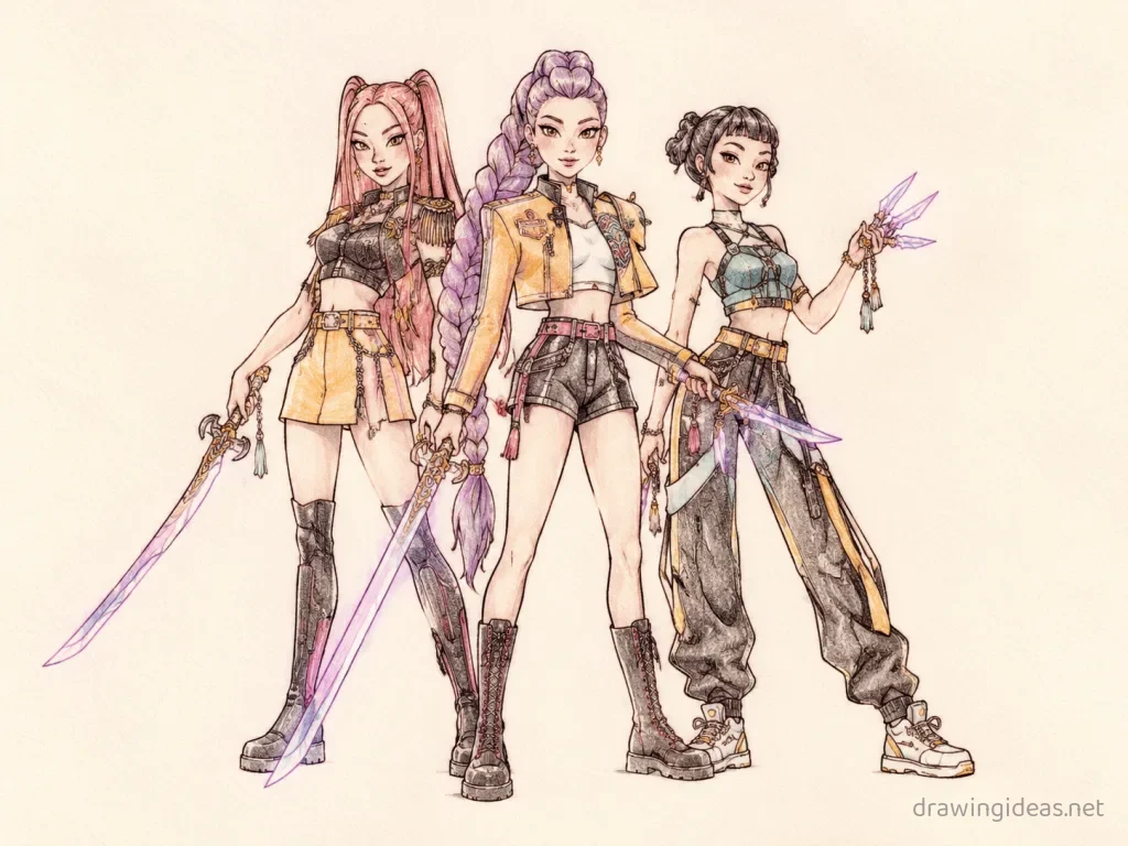 Kpop Demon Hunters drawing — hand-drawn Kpop Demon Hunters illustration with ink lines and soft colors