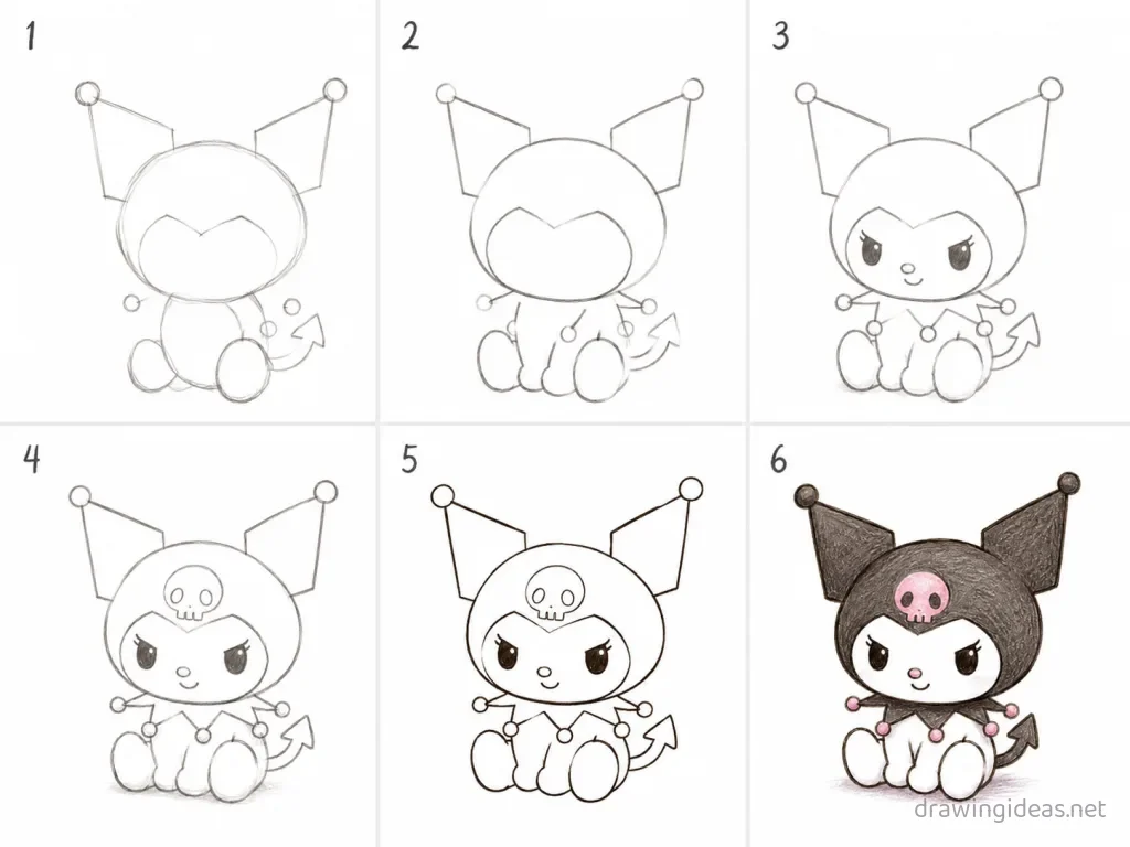How to draw Kuromi step by step — 6-step Kuromi drawing tutorial grid
