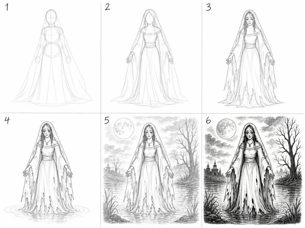 How to draw La Llorona step by step — 6-step La Llorona drawing tutorial grid