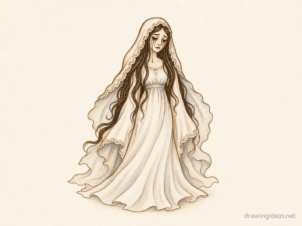 La Llorona drawing — hand-drawn La Llorona illustration with ink lines and soft colors