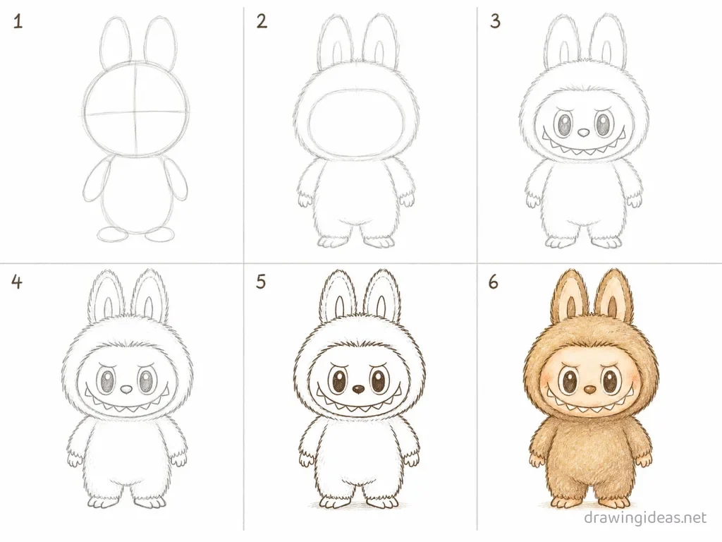 How to draw Labubu step by step — 6-step Labubu drawing tutorial grid