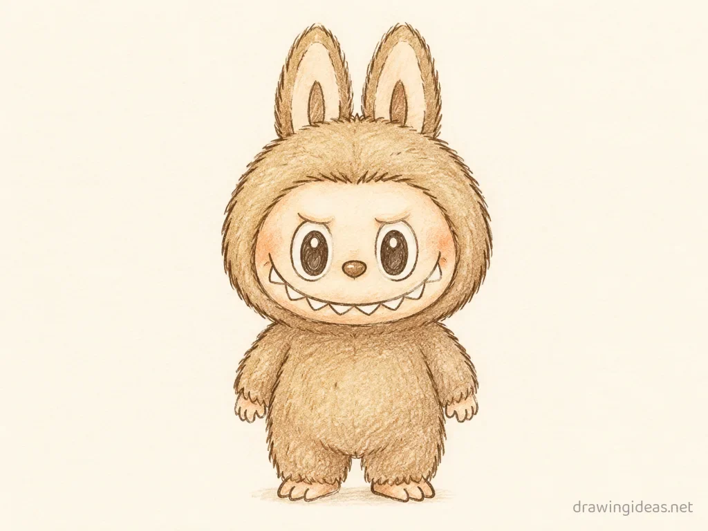 Labubu drawing — hand-drawn Labubu illustration with ink lines and soft colors
