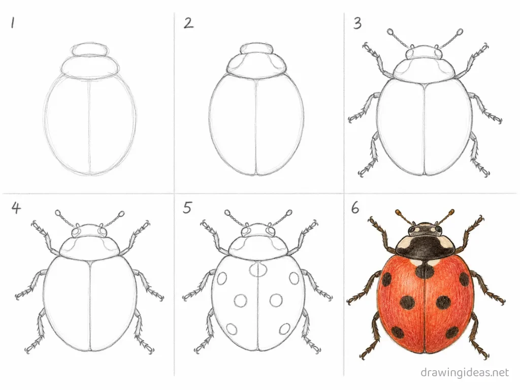 How to draw a ladybug step by step — 6-step ladybug drawing tutorial grid