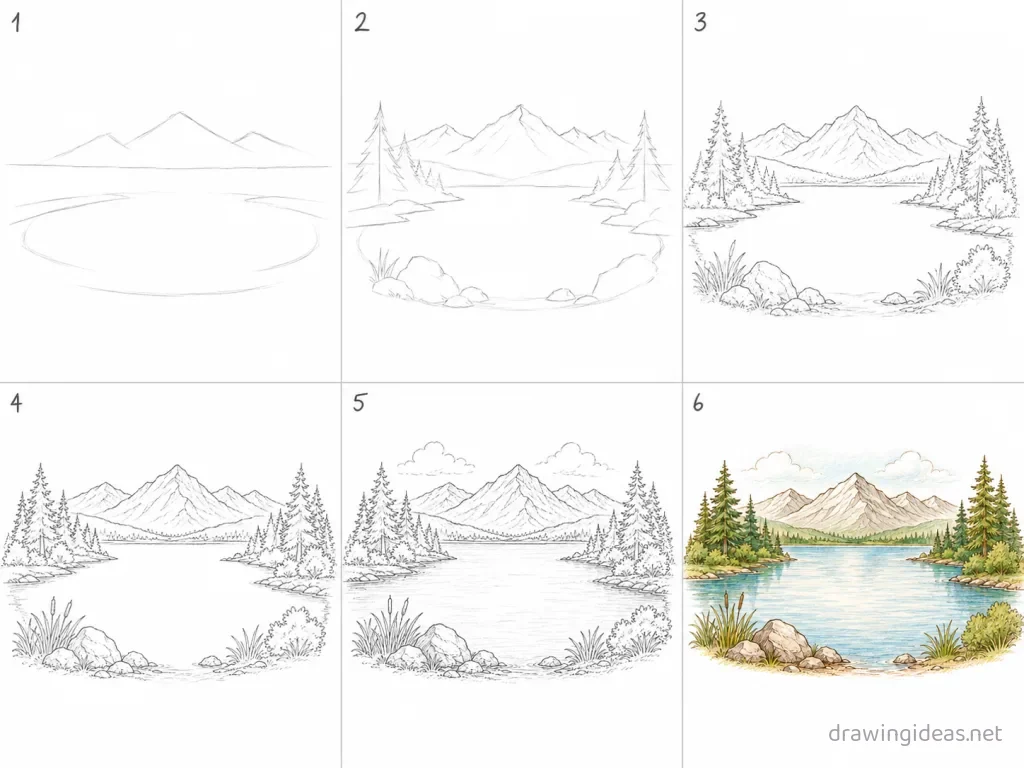 How to draw a lake step by step — 6-step lake drawing tutorial grid