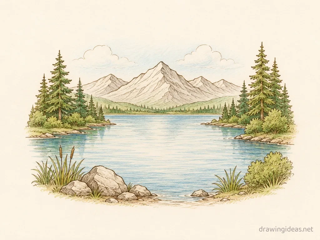 Lake drawing — hand-drawn lake illustration with ink lines and soft colors