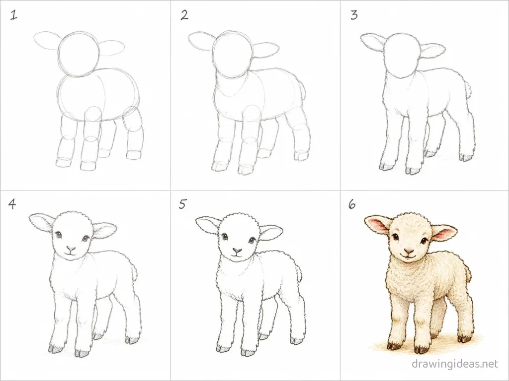 How to draw a lamb step by step — 6-step lamb drawing tutorial grid