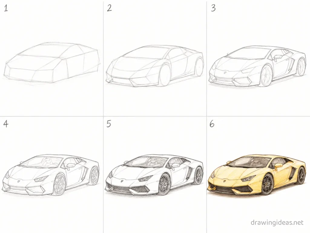 How to draw a lamborghini step by step — 6-step lamborghini drawing tutorial grid