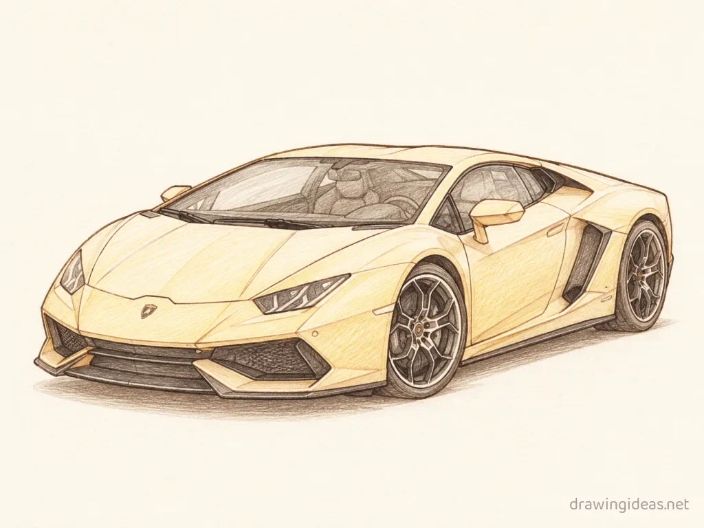 Lamborghini drawing ā hand-drawn lamborghini illustration with ink lines and soft colors