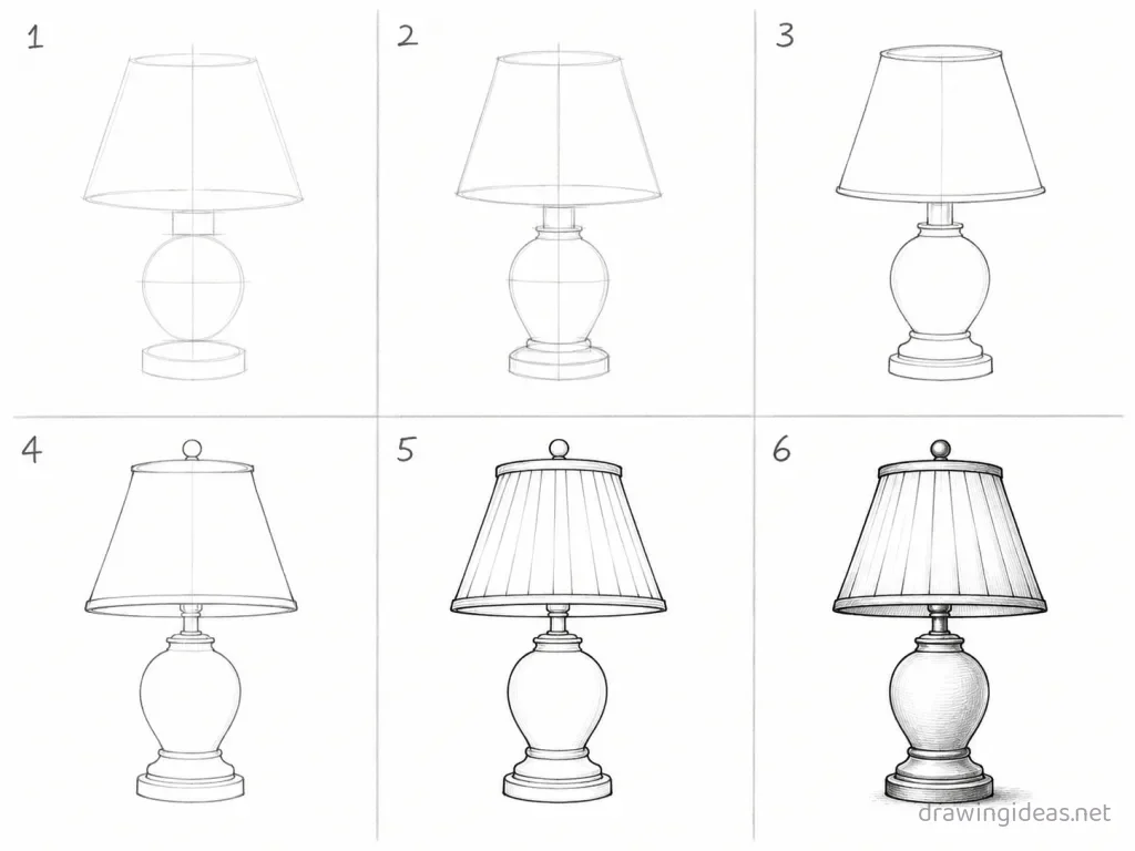 How to draw a lamp step by step — 6-step lamp drawing tutorial grid