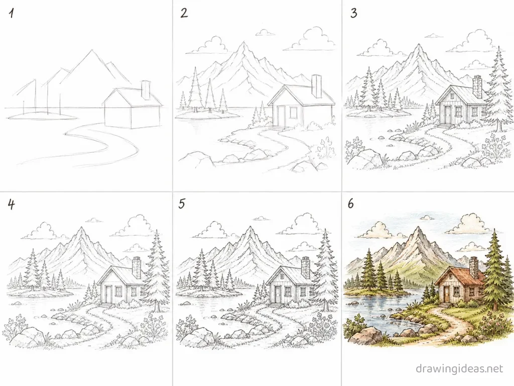 How to draw a landscape step by step — 6-step landscape drawing tutorial grid