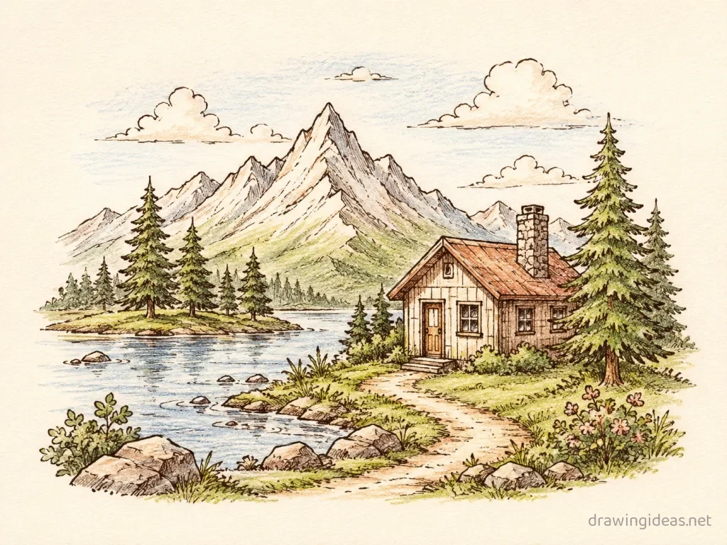 Landscape drawing — hand-drawn landscape illustration with ink lines and soft colors