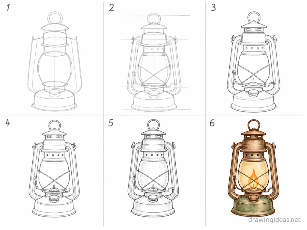 How to draw a lantern step by step — 6-step lantern drawing tutorial grid