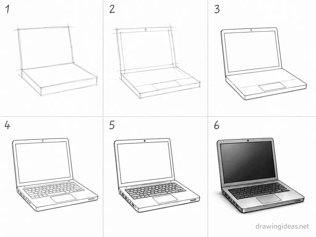How to draw a laptop step by step — 6-step laptop drawing tutorial grid