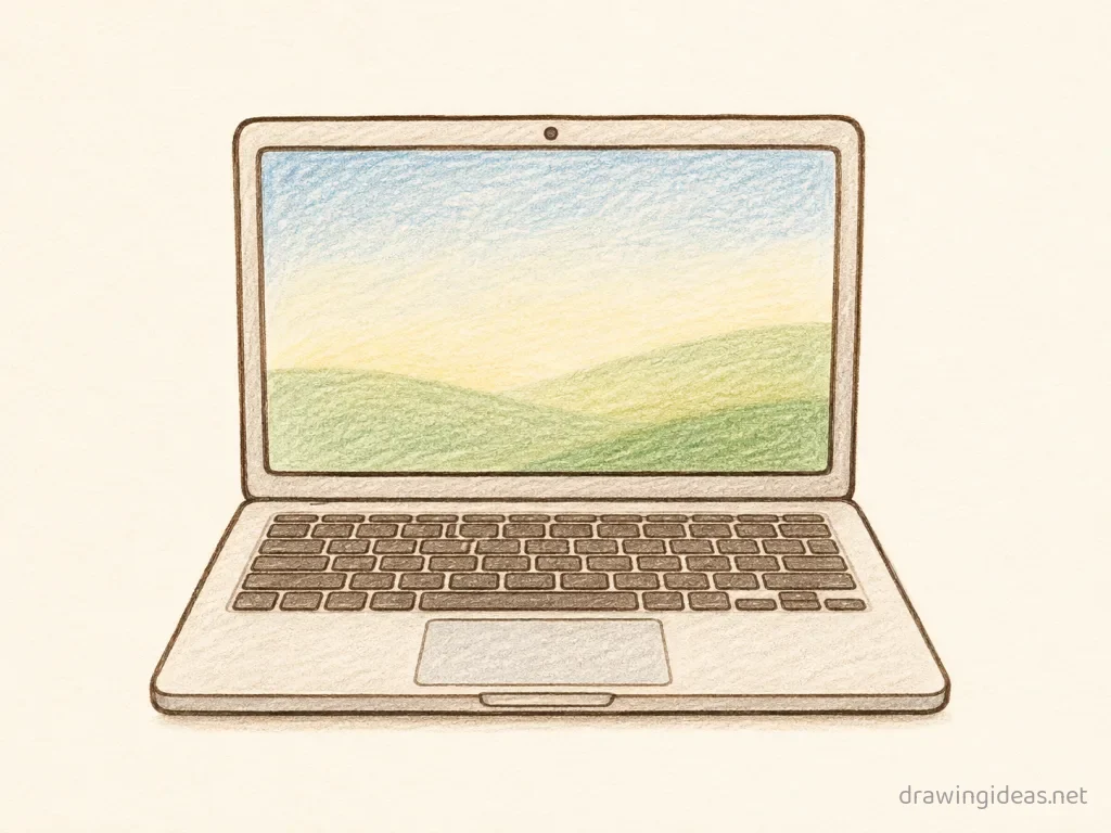 Laptop drawing — hand-drawn laptop illustration with ink lines and soft colors