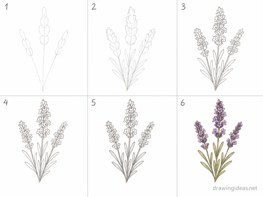 How to draw lavender step by step — 6-step lavender drawing tutorial grid