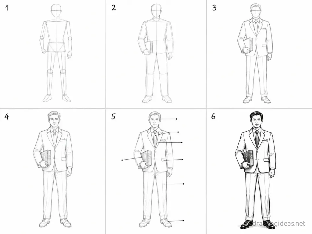 How to draw a lawyer step by step — 6-step lawyer drawing tutorial grid