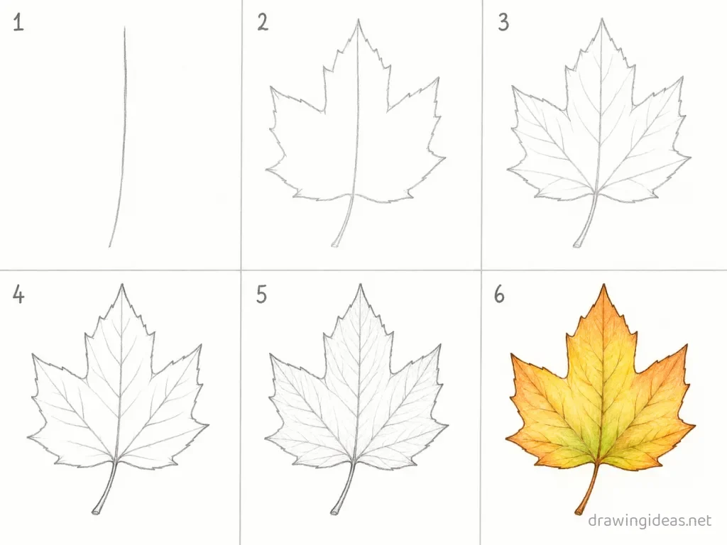 How to draw a leaf step by step — 6-step leaf drawing tutorial grid