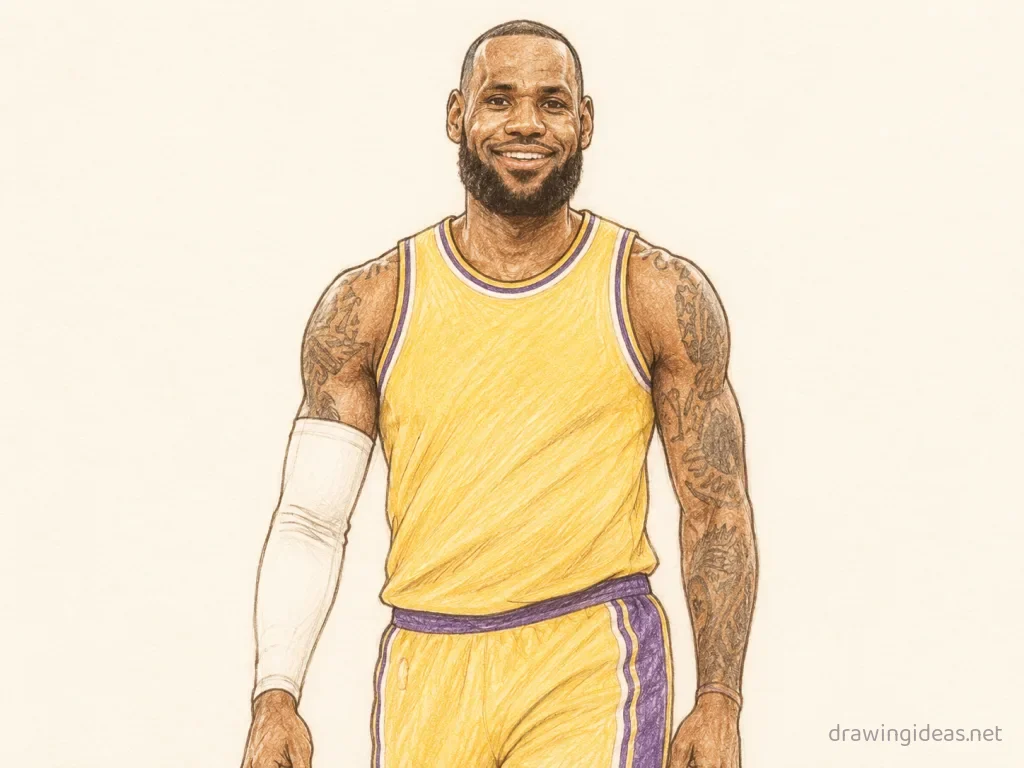Lebron James drawing — hand-drawn Lebron James illustration with ink lines and soft colors
