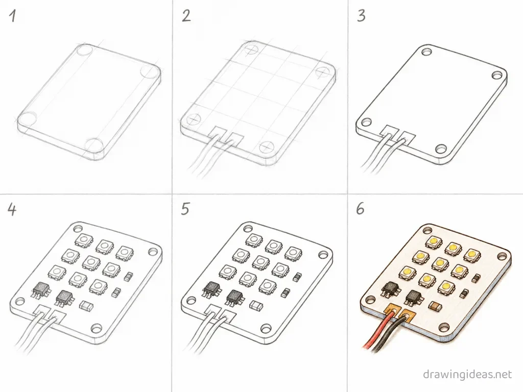 How to draw a led board step by step — 6-step led board drawing tutorial grid