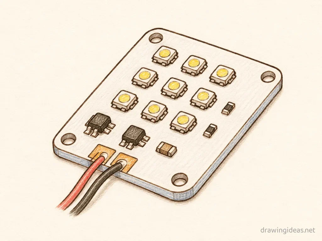 Led Board drawing — hand-drawn led board illustration with ink lines and soft colors