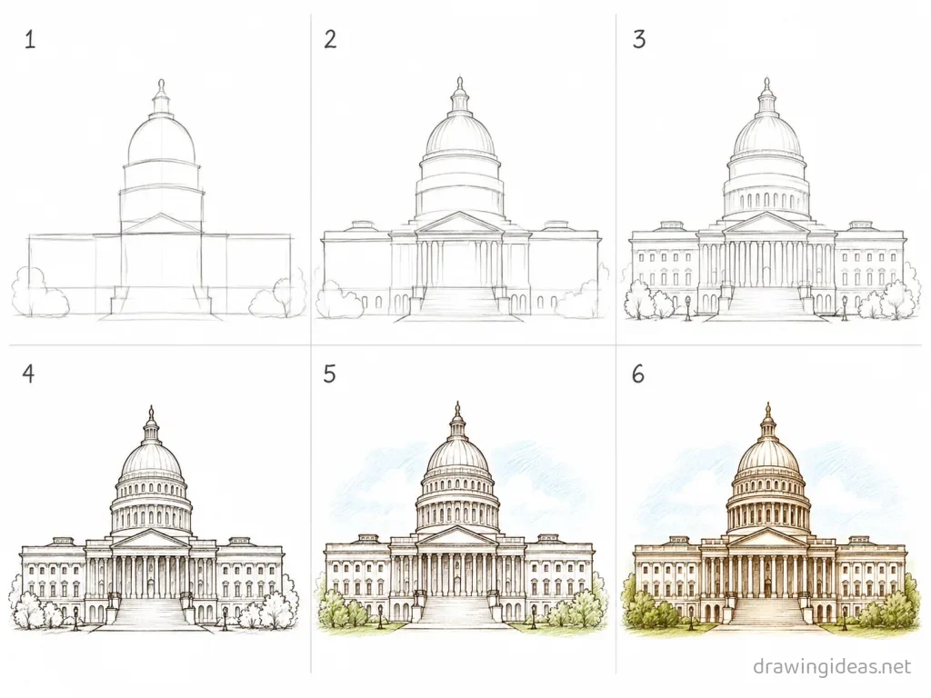How to draw the Legislative Branch step by step — 6-step Legislative Branch drawing tutorial grid