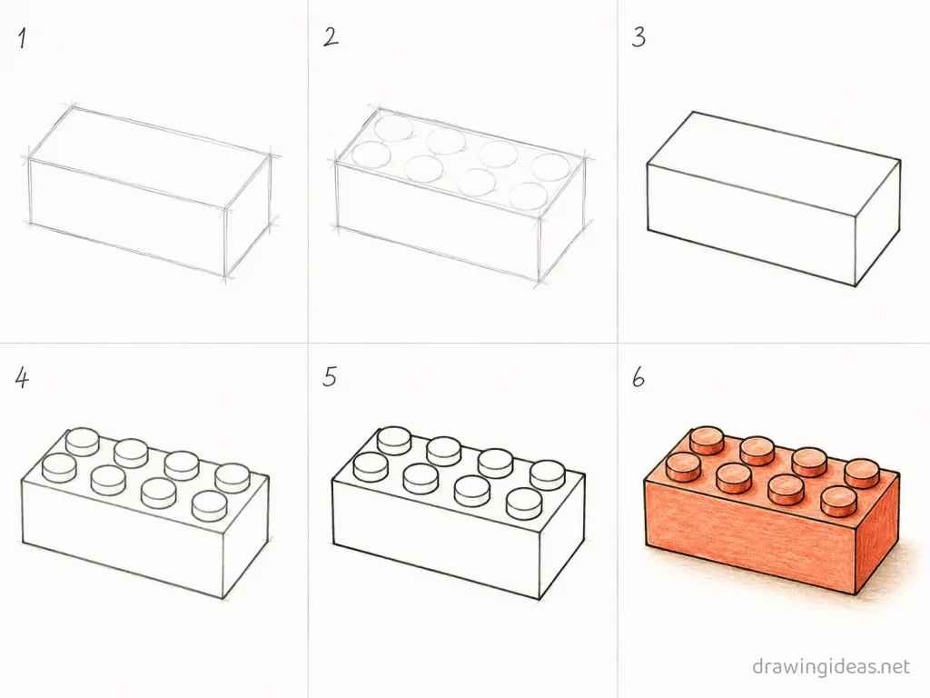 How to draw a lego step by step — 6-step lego drawing tutorial grid