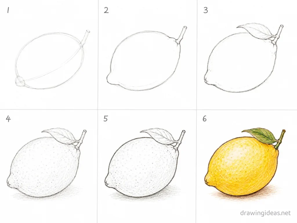 How to draw a lemon step by step — 6-step lemon drawing tutorial grid