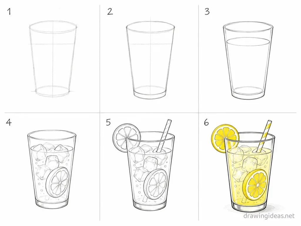 How to draw lemonade step by step — 6-step lemonade drawing tutorial grid