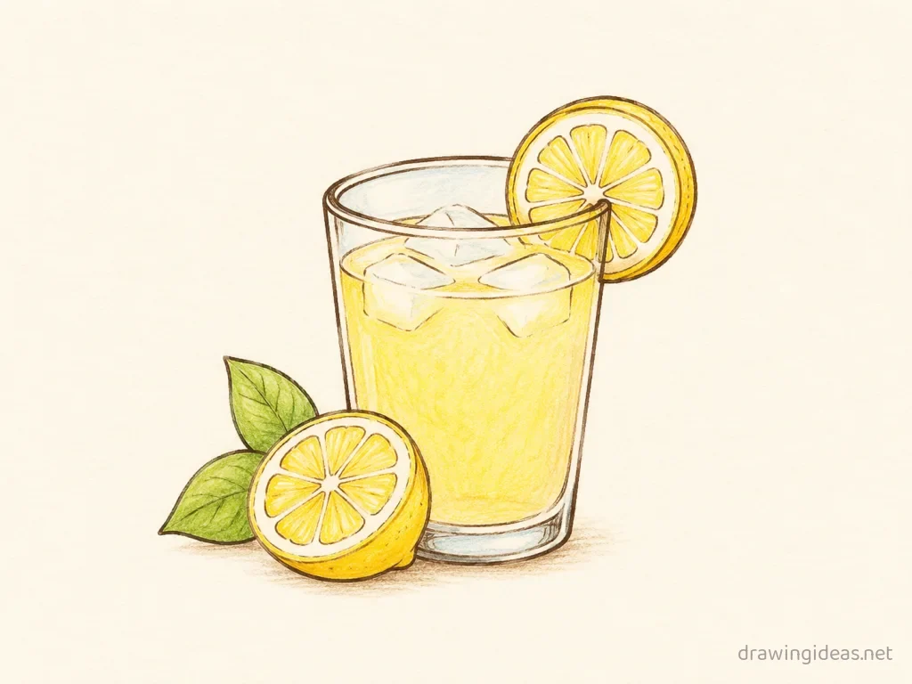 Lemonade drawing — hand-drawn lemonade illustration with ink lines and soft colors