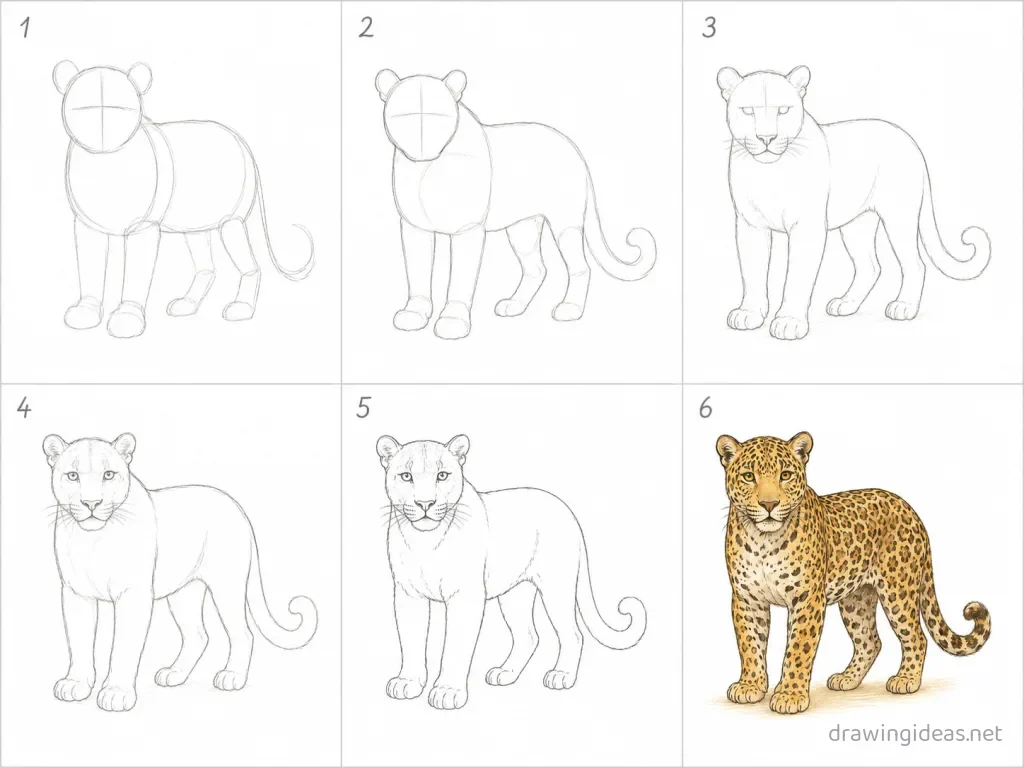 How to draw a leopard step by step — 6-step leopard drawing tutorial grid
