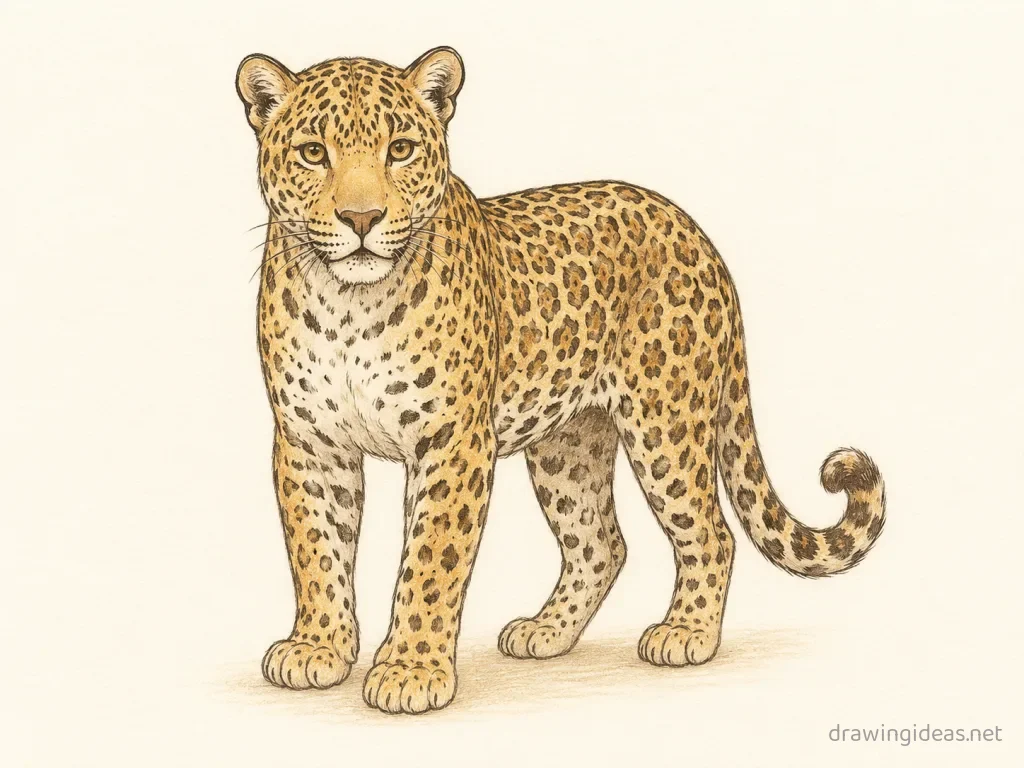 Leopard drawing — hand-drawn leopard illustration with ink lines and soft colors