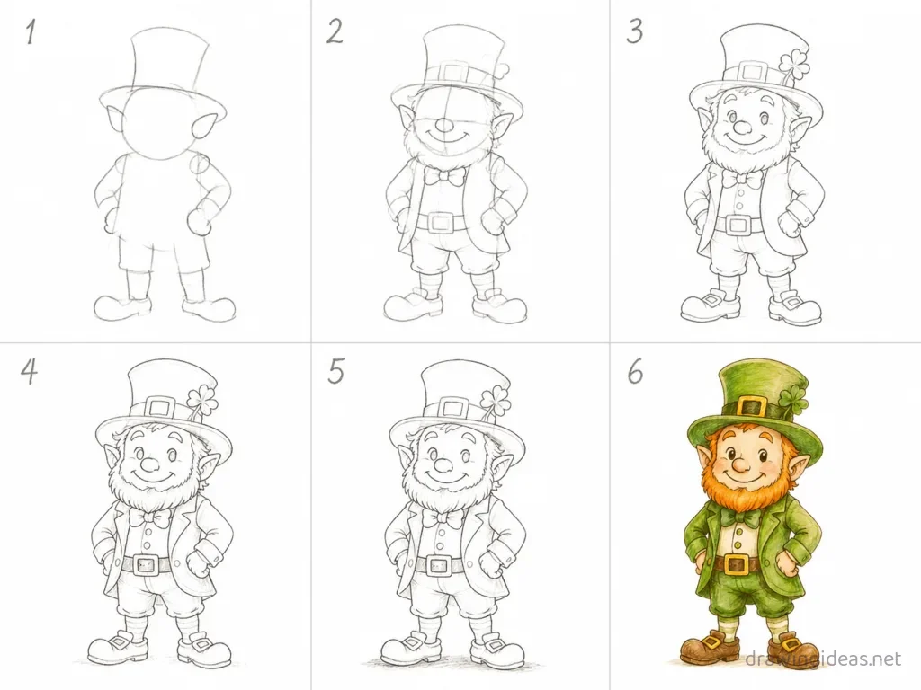 How to draw a leprechaun step by step — 6-step leprechaun drawing tutorial grid