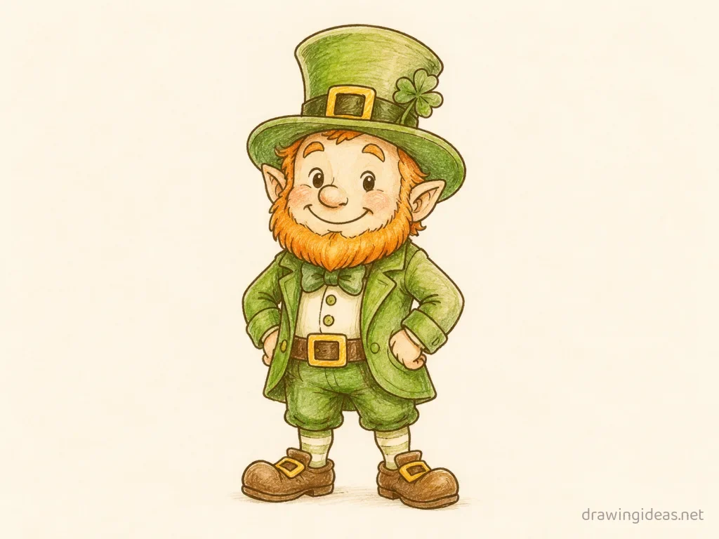 Leprechaun drawing — hand-drawn leprechaun illustration with ink lines and soft colors