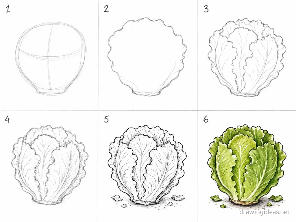 How to draw lettuce step by step — 6-step lettuce drawing tutorial grid