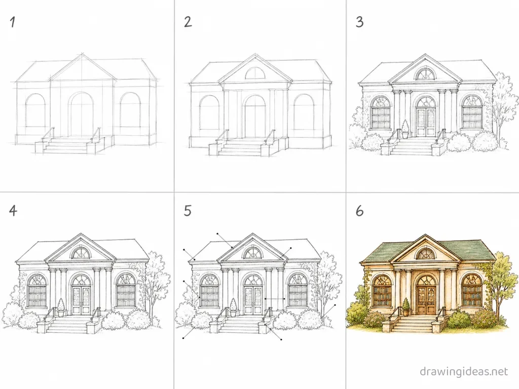 How to draw a library step by step — 6-step library drawing tutorial grid