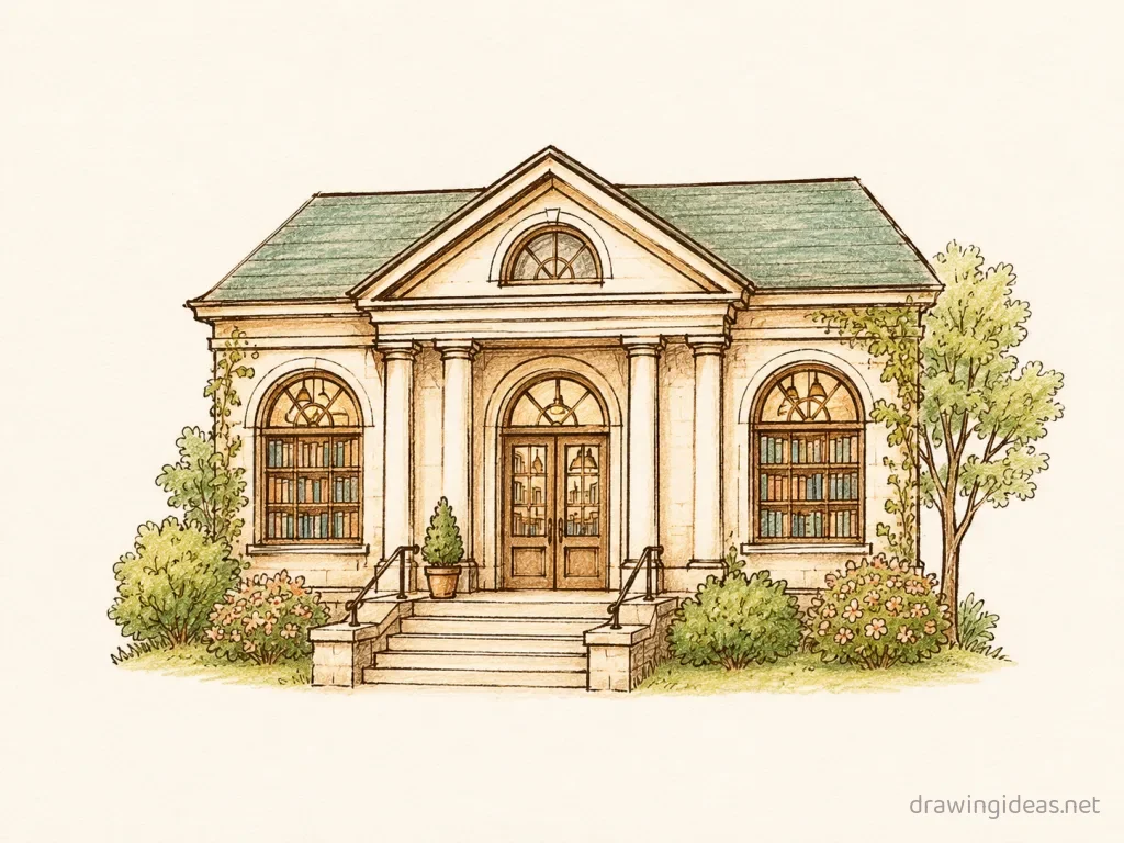 Library drawing — hand-drawn library illustration with ink lines and soft colors