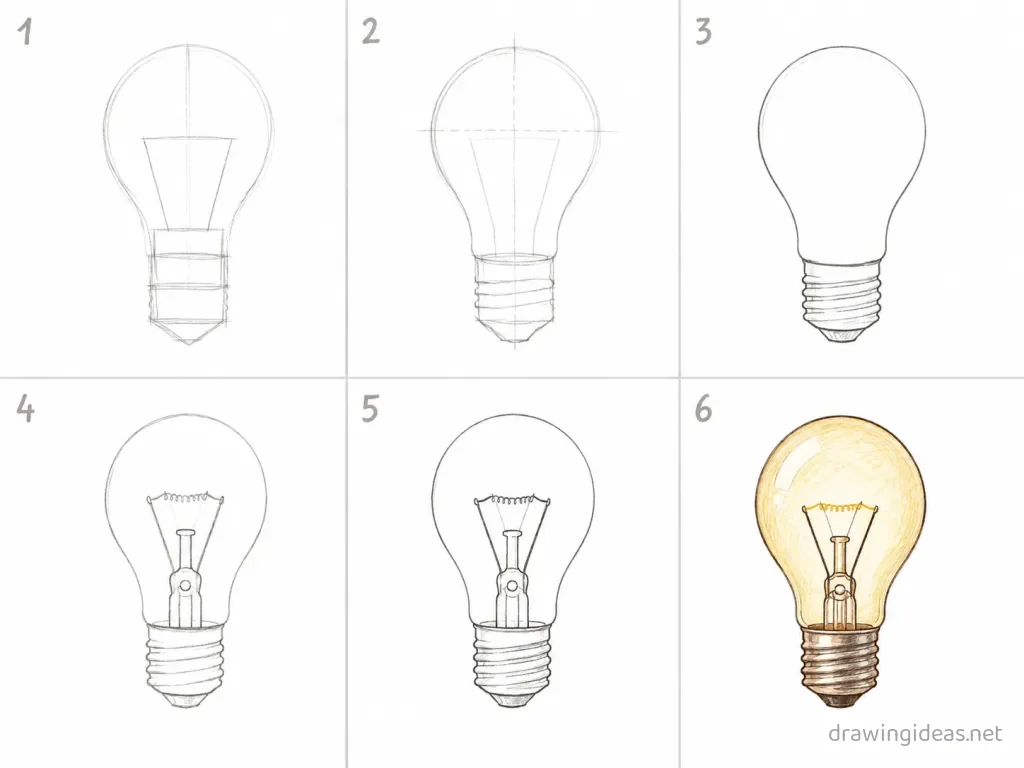 How to draw a light bulb step by step — 6-step light bulb drawing tutorial grid
