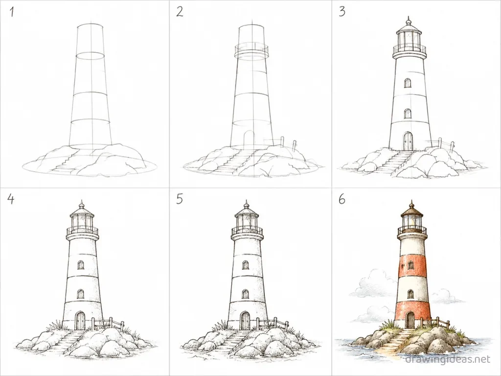 How to draw a lighthouse step by step — 6-step lighthouse drawing tutorial grid